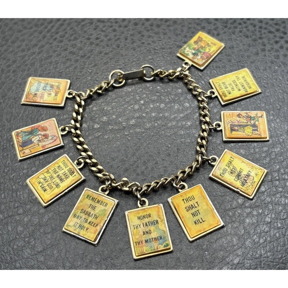 VTG 10 Commandments Holographic Lenticular Charm Bracelet Christian Gold Tone